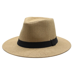 Classic khaki straw panama hat with black ribbon band for summer sun protection