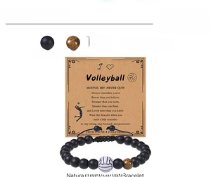 Detail of 8mm tiger eye bead volleyball bracelet with motivational message card