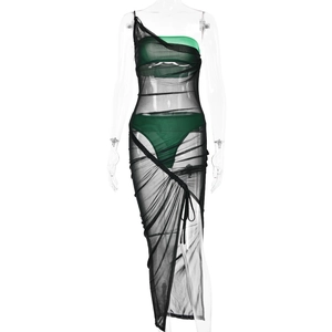 Three-piece black sheer mesh dress with green bikini set on a transparent mannequin