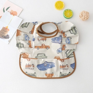Waterproof baby bib with vintage car patterns, ruffle sleeves and food catcher tray