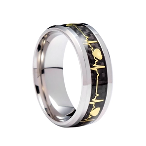 Close-up of 8mm titanium steel ring with black carbon fiber inlay and gold EKG heart rate