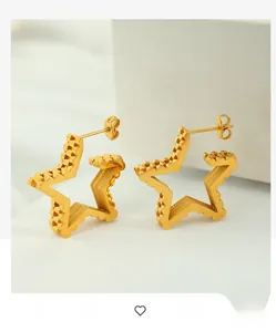 Detailed view of gold star earrings with hollow pentagram design and serrated texture