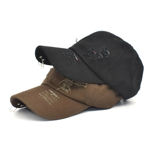 Distressed denim baseball caps with metal rings in black and coffee street style