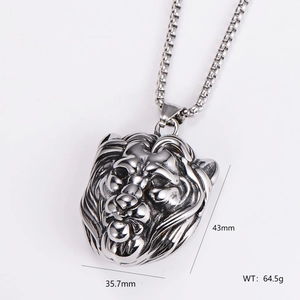 Vintage stainless steel lion head pendant necklace with product dimensions and weight