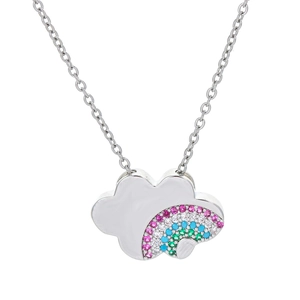 Silver rainbow cloud pendant necklace with colorful cubic zirconia on a delicate O-chain