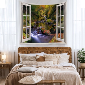 Detailed view of bohemian 3D fake window tapestry with autumn forest river landscape