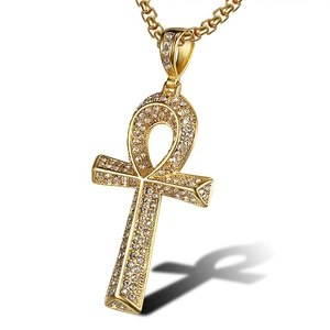 Collana con Ciondolo a Croce Ankh Egiziana Hip Hop in Acciaio Inossidabile Strass Chiave della Vita Gioielli Uomo Donna Oro Argento