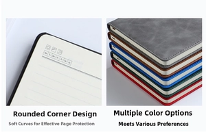 Detail of A5 PU leather notebook featuring rounded corners and lined pages with weather icons