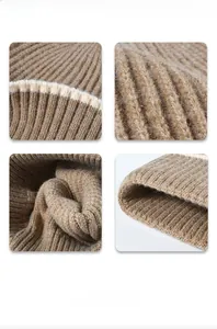 Detailed views of brown ribbed knit beanie featuring thick texture and contrast stripes