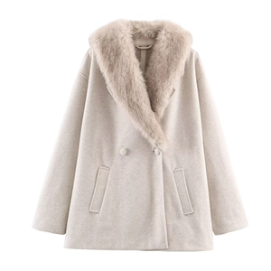 Women Woolen Look Coat With Faux Fur Collar Double Breasted Loose Fit Mid Length Jacket Casual Outerwear