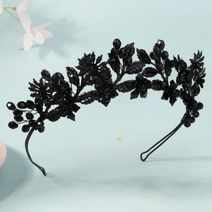 Handmade black floral Halloween headband with dark crystals and beaded metallic wire