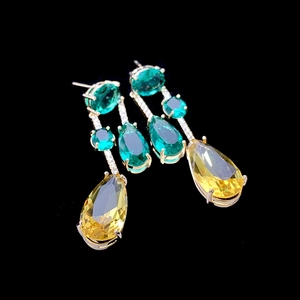 Luxurious yellow and green water drop earrings with gold metal base and sparkling diamonds