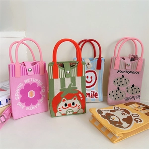 Cute cartoon knitted handbags for women featuring multiple vibrant patterns and magnetic buckles