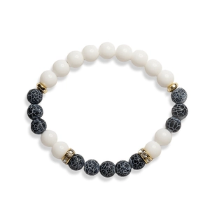 8mm white porcelain and black weathered stone beaded bracelet with gold accents