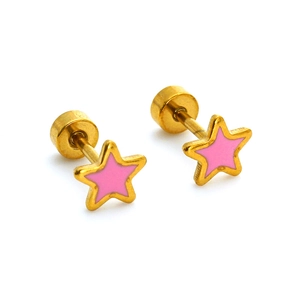 Minimalist gold stainless steel star stud earrings with pink enamel and screw back