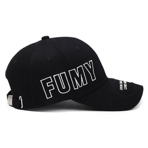 Vintage black cotton baseball cap with FUMY embroidery and adjustable metal buckle back
