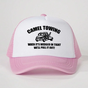Pink and white mesh trucker hat with black Camel Towing print and adjustable design