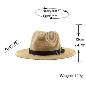 Panama straw sun hat with size specs 56-58cm head circumference and 7cm wide brim