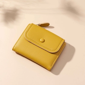 Women Short Wallet PU Leather Lychee Pattern Snap Button Zipper Coin Pocket Portable Card Holder Korean Style