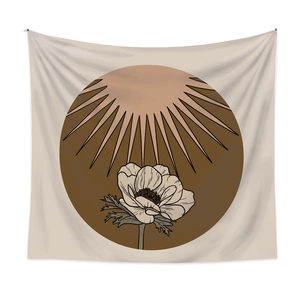 Bohemian tapestry with sun and anemone flower design on beige minimalist fabric