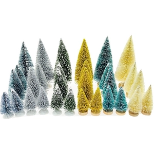 Miniature sisal Christmas trees in gold and silver glitter with wooden bases for tabletop
