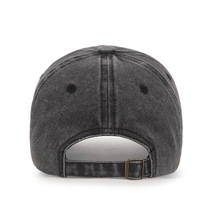 Rear view of vintage washed charcoal baseball cap with adjustable metal buckle strap