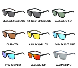 Grid view of nine polarized sports sunglasses in various lens colors and frame finishes