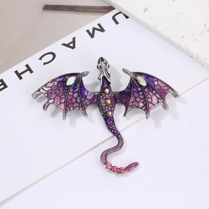 Vintage purple dragon brooch with enamel wings and rhinestones for suits and coats