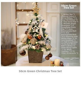 Close-up of a 50cm green Christmas tree with LED lights and 15 festive decorations
