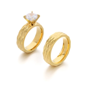 Set of 18K gold plated stainless steel rings with 6mm cubic zirconia in four-claw setting
