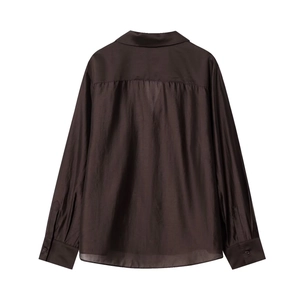 Fashionable dark coffee silk-like long sleeve shirt for women with back embroidery detail