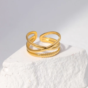 Detail view of gold titanium steel multi-layer cross ring with delicate bead texture