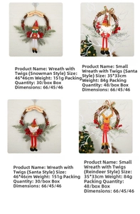 Detail of Christmas wreath with snowman, Santa, and elk figures on rustic branches