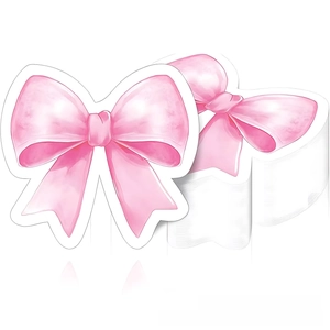 Detailed view of pink watercolor bow stickers with white borders for party decor