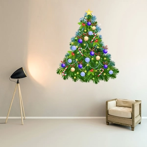 Sticker mural sapin de Noël coloré avec ornements pour décoration moderne du salon