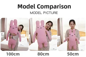 Size comparison of pink rabbit plushies in 50cm, 80cm, and 100cm lengths