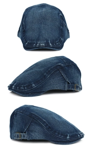 Three-angle view of washed denim ivy cap with vintage side metal adjustment buckle