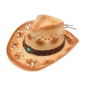 Western style hollow straw cowboy hat with leather band and turquoise stone accessory