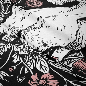 Macro shot of boho tapestry fabric texture showing fine twill weave and floral patterns