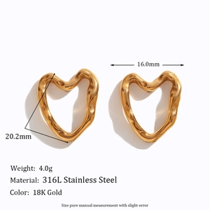 Detailed dimensions of hollow heart earrings in 18K gold plated stainless steel