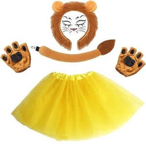 Flat lay of 4-piece lion costume set for kids including ears headband, paws, tail, and tutu