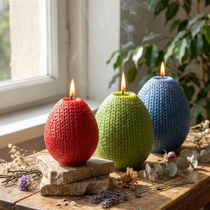 Easter egg-shaped scented candles with intricate cable knit texture in vibrant red green blue