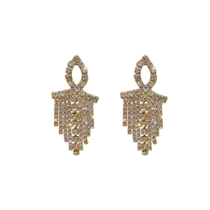 Sparkling geometric silver needle tassel earrings with gold plating and rhinestones