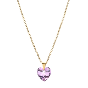 Detail of a purple heart crystal pendant on a thin gold chain necklace over white background