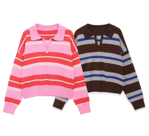 Detail of striped knitted polo shirts featuring V-neck collars and ribbed cuffs