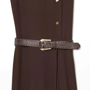 Robe midi marron foncé pour femme avec ceinture imitation crocodile et boucle dorée