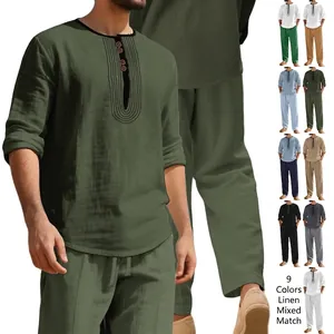 Men's cotton linen beach suit with long sleeve Henley shirt and trousers set in nine colors