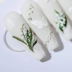 Autocollants ongles blanc mat style français avec reliefs 3D muguet et noeuds