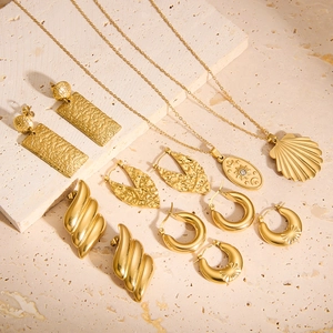 Exquisite 18K gold-plated geometric hollow earrings and pendant necklaces set on travertine