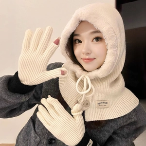 Women winter balaclava hood scarf and gloves set with warm knit lining in beige